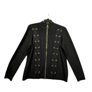 Belldini Knit Women's Long Sleeve Sweater Black Full Zip Golden Grommets XL/XG